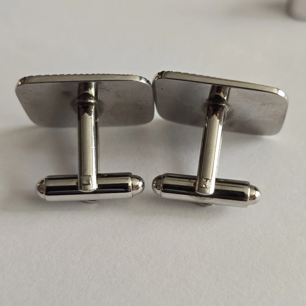 Vintage set cuff links tie clip silver tone geometric rhombus parallelogram